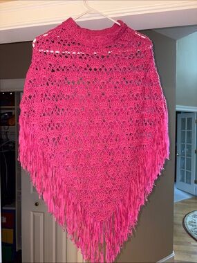 Handmade Hot Pink Crochet Fringe Poncho